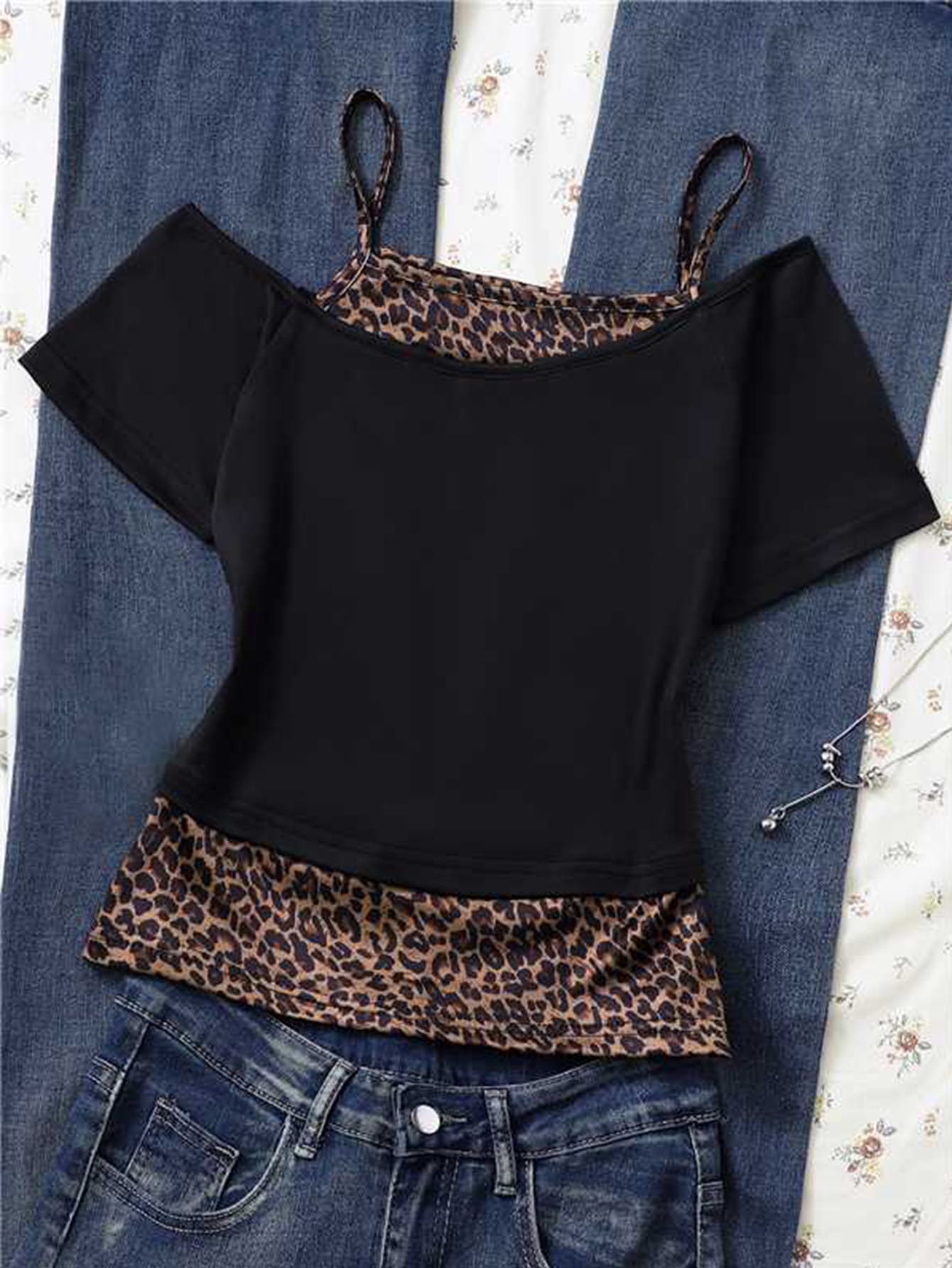 SHEIN Sparklyn Casual 2 In 1 Black Summer T-Shirt, Tween Girl Leopard Print Contrast Color Short Sleeve Back-To-School Tee, Y2K Retro Street Style