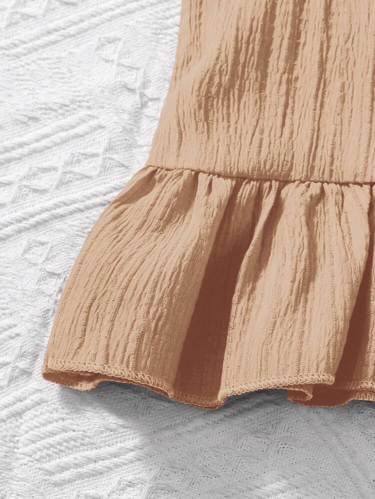 SHEIN Young Girl Woven Solid Color Round Neck Sleeveless Top And Loose Woven Solid Color Shorts 2 Pieces Set 7th Birthday Summer Baby - Apricot - View 3