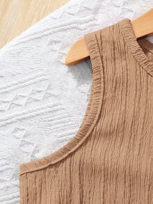 SHEIN Young Girl Woven Solid Color Round Neck Sleeveless Top And Loose Woven Solid Color Shorts 2 Pieces Set 7th Birthday Summer Baby - Apricot - View 7