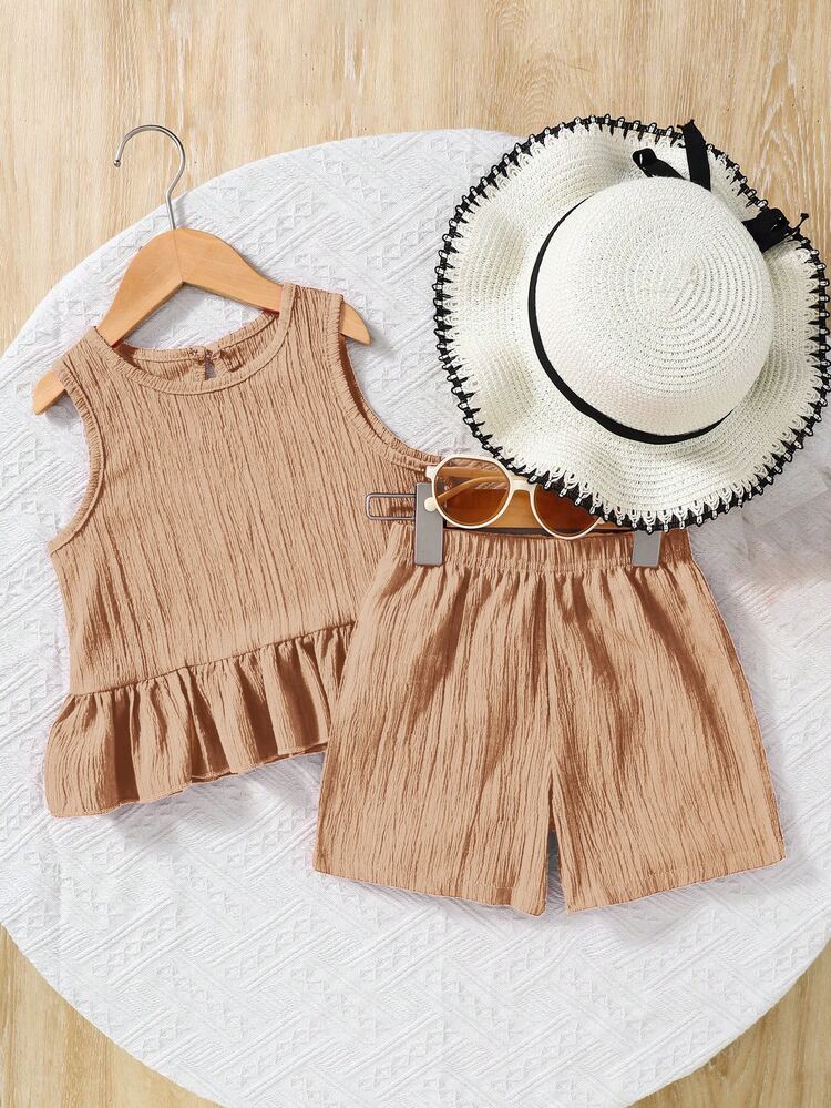 SHEIN Young Girl Woven Solid Color Round Neck Sleeveless Top And Loose Woven Solid Color Shorts 2 Pieces Set 7th Birthday Summer Baby - Apricot - View 1