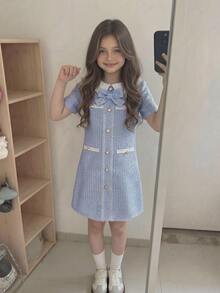 青少年女孩夏季韓風淺藍白編織緞帶開襟假口袋收腰蝴蝶結優雅時尚休閒婚禮派對洋裝 - 藍色 - 查看 6