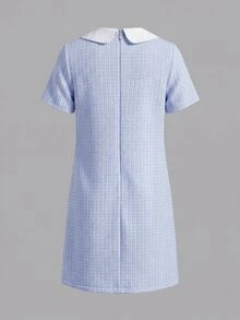 青少年女孩夏季韓風淺藍白編織緞帶開襟假口袋收腰蝴蝶結優雅時尚休閒婚禮派對洋裝 - 藍色 - 查看 2