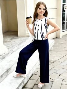2件套少女时尚蓝色条纹蝴蝶结无袖上衣和宽松直筒裤套装，春夏休闲装 - 藏蓝色 - 查看 5