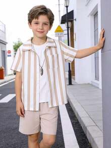 SHEIN Tween Boy Striped Print Shirt & Shorts Without Tee - Multicolor - View 1