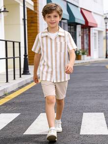 SHEIN Tween Boy Striped Print Shirt & Shorts Without Tee - Multicolor - View 4