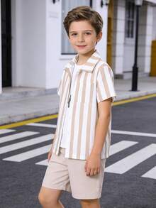 SHEIN Tween Boy Striped Print Shirt & Shorts Without Tee - Multicolor - View 3