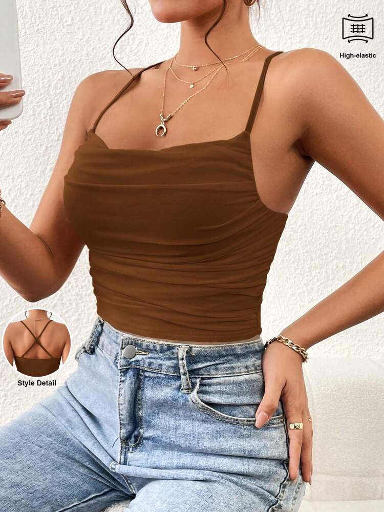 Firerie Solid Ruched Mesh Cami Top - Coffee Brown - View 7