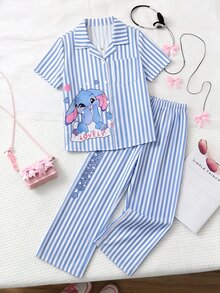 SHEIN 青少年女孩 2件/套 短袖圓領可愛藍白配色上衣褲子 T恤 夏季套裝 適合家庭拍照、蜜月旅行 - 藍色 - 查看 4