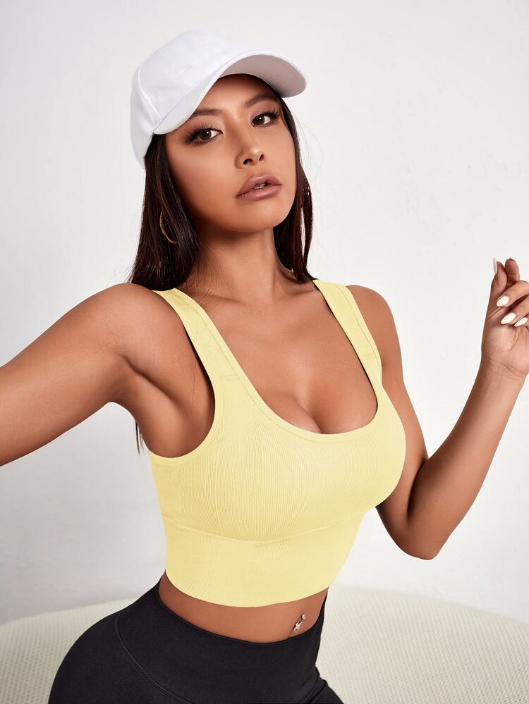 Gameset SHEIN Sport Women's Solid Color Seamless Everyday Fitness Sports Bra - Butter Yellow - View 2