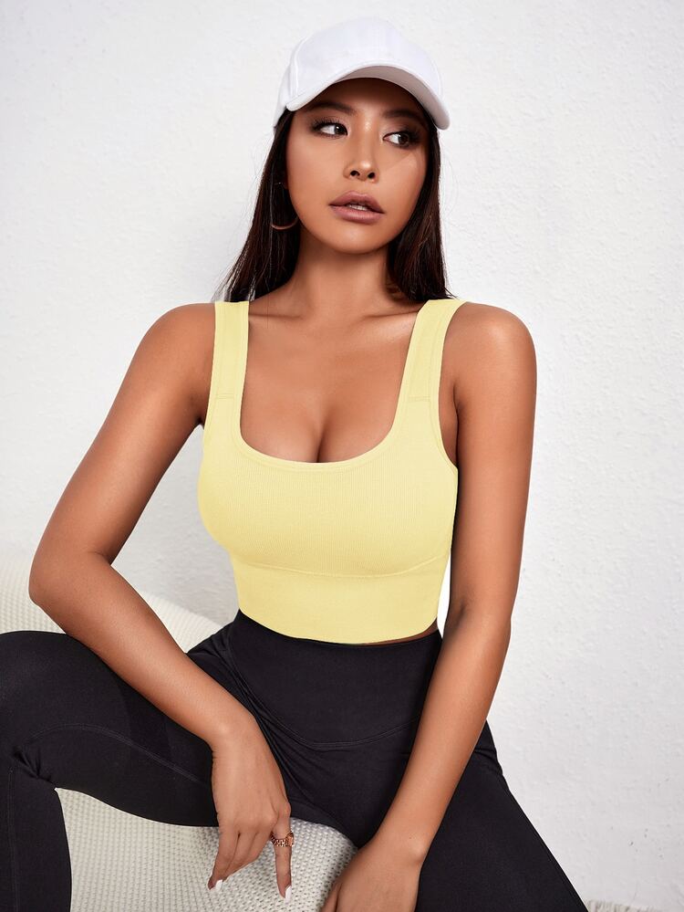 Gameset SHEIN Sport Women's Solid Color Seamless Everyday Fitness Sports Bra - Butter Yellow - View 3