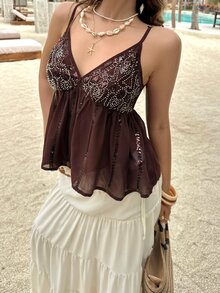 Serisse 女士亮片设计时尚荷叶边吊带背心，夏季法式棕色度假深V亮片吊带背心，飘逸网纱拼接，必备沙滩/派对/假日露脐上衣，夏季上衣，女士节日上衣，派对上衣，女士外出上衣，女士生日礼物，女士沙滩度假装，女士休闲衬衫，亮片上衣，棕色上衣 - 卡其色 - 查看 5