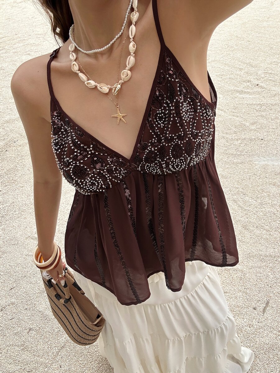 Serisse Women's Brown Sequin Deep V Camisole,Boho Mesh Patchwork Ruffle Hem Crop Top,Summer Holiday Vacation French Style Party Festival Blouse