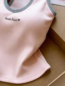 Resyla Women's Casual Knit Ribbed Letter Embroidery Tank Top, Summer - Hot Pink - View 4