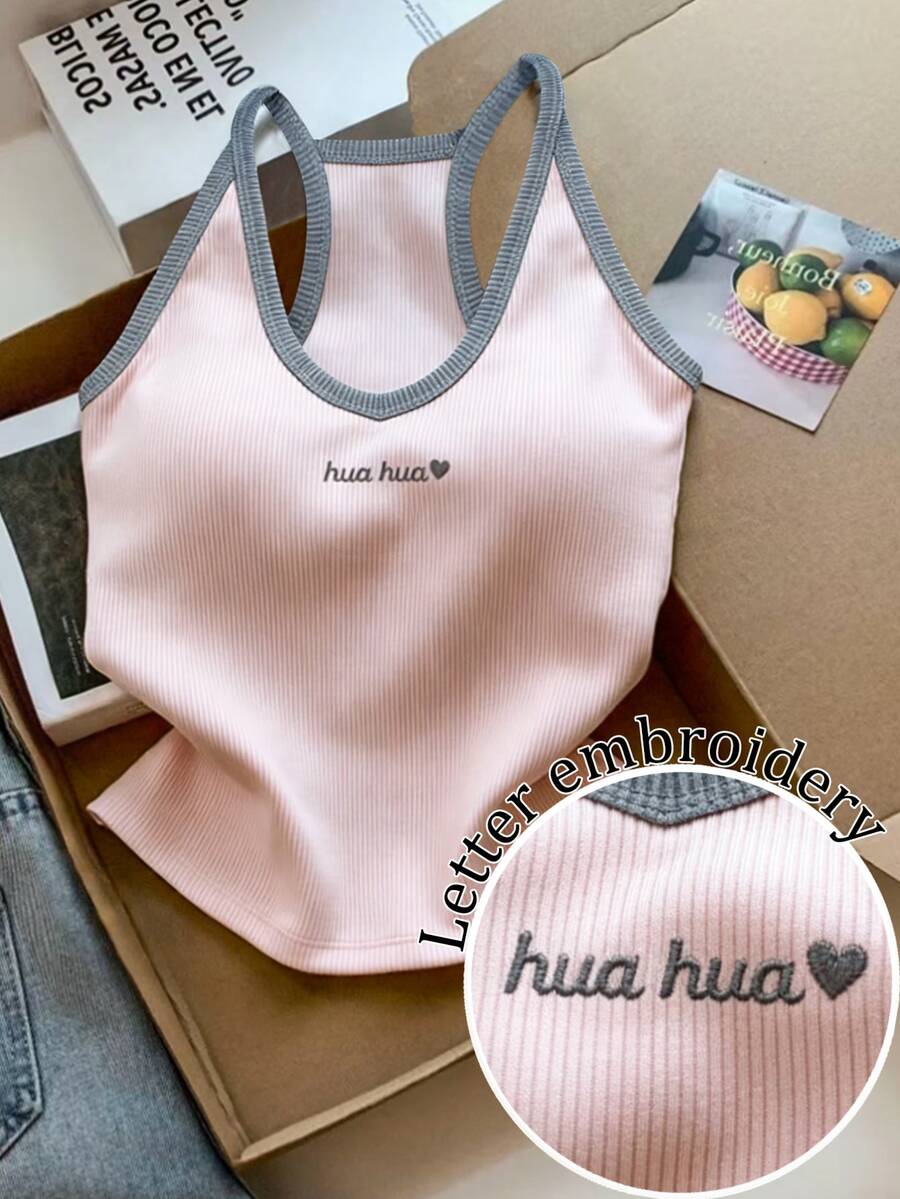 Resyla Women's Casual Knit Ribbed Letter Embroidery Tank Top, Summer - Hot Pink - View 1