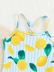 SHEIN Young Girls 2 Pieces Swimsuit,Cute Striped Lemon Tropical Pattern Knit Fabric,Adjustable Straps,Ruffled Bottom,Summer Beach Swimming Holiday Mermaid - Yellow - View 3