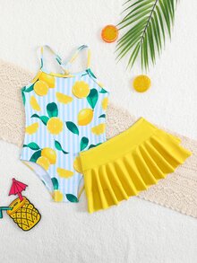 SHEIN Young Girls 2 Pieces Swimsuit,Cute Striped Lemon Tropical Pattern Knit Fabric,Adjustable Straps,Ruffled Bottom,Summer Beach Swimming Holiday Mermaid - Yellow - View 1