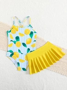 SHEIN Young Girls 2 Pieces Swimsuit,Cute Striped Lemon Tropical Pattern Knit Fabric,Adjustable Straps,Ruffled Bottom,Summer Beach Swimming Holiday Mermaid - Yellow - View 5