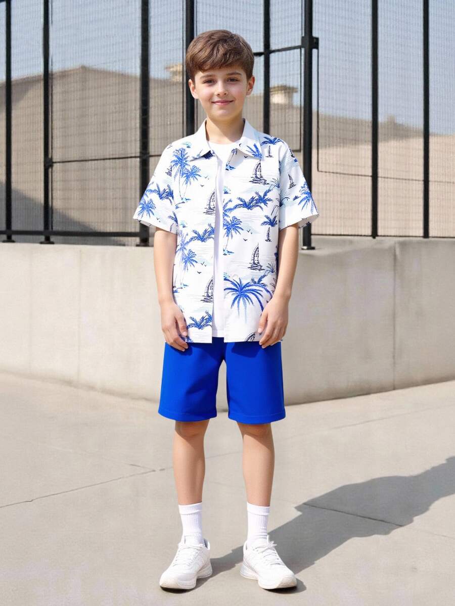 SHEIN 2pcs Casual Versatile Beach Vacation Style Coconut Tree Print Digital Shirt + Shorts Set, Suitable For Daily Commute And Outdoor Wear, Teenagers - Royal Blue - View 1