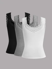 Calvaya Plus Size Women Solid Color Contrast Lace Round Neck Casual Tank Top For Summer - Multicolor - View 2