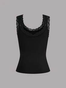 Calvaya Plus Size Women Solid Color Contrast Lace Round Neck Casual Tank Top For Summer - Multicolor - View 6