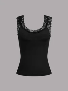 Calvaya Plus Size Women Solid Color Contrast Lace Round Neck Casual Tank Top For Summer - Multicolor - View 3