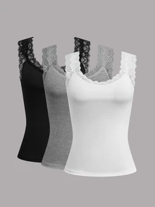 Calvaya Plus Size Women Solid Color Contrast Lace Round Neck Casual Tank Top For Summer - Multicolor - View 1