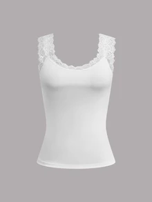 Calvaya Plus Size Women Solid Color Contrast Lace Round Neck Casual Tank Top For Summer - Multicolor - View 4