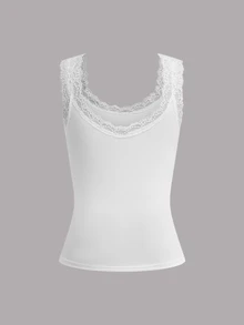 Calvaya Plus Size Women Solid Color Contrast Lace Round Neck Casual Tank Top For Summer - Multicolor - View 5