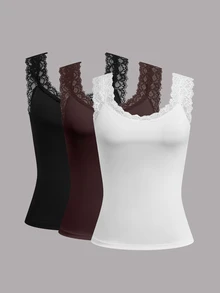 Calvaya Plus Size Plain Color Contrast Lace Sleeveless Casual Tank Top, For Summer - Multicolor - View 1
