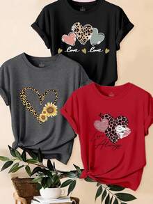 SHEIN LUNE 3件套豹纹、爱心和标语图案休闲T恤上衣 - 彩色 - 查看 1