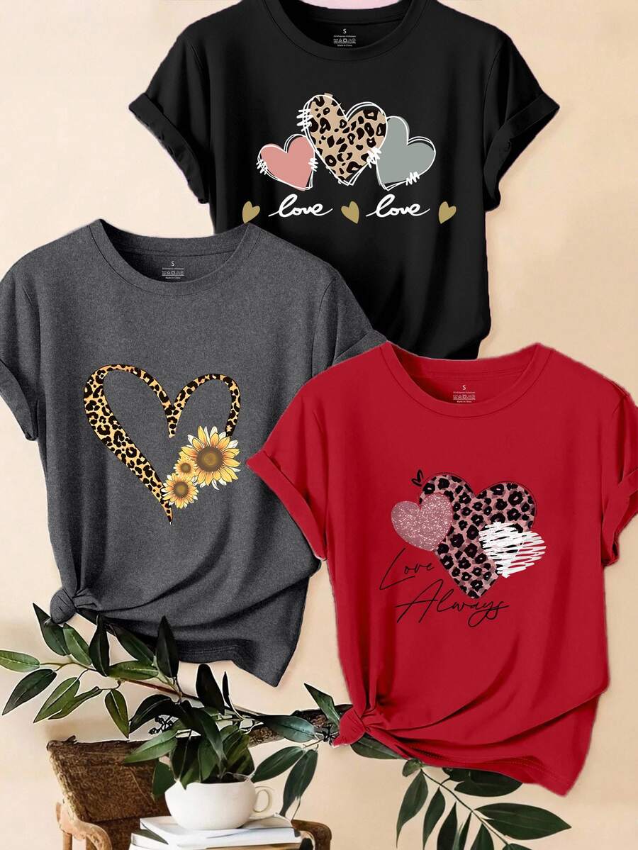SHEIN LUNE 3件套豹纹、爱心和标语图案休闲T恤上衣 - 彩色 - 查看 1