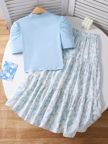 SHEIN Tween Girls 2pcs/Set Round Neck Light Blue Summer Party Birthday Matching Mommy Daughter Family Mini Set Holiday Outfits Cool Girl White - Multicolor - View 3