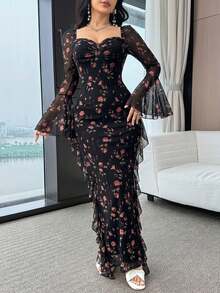Feyla Women's Elegant Floral Print Sweetheart Neck Flare Sleeve Dress, Spring - Black - View 6