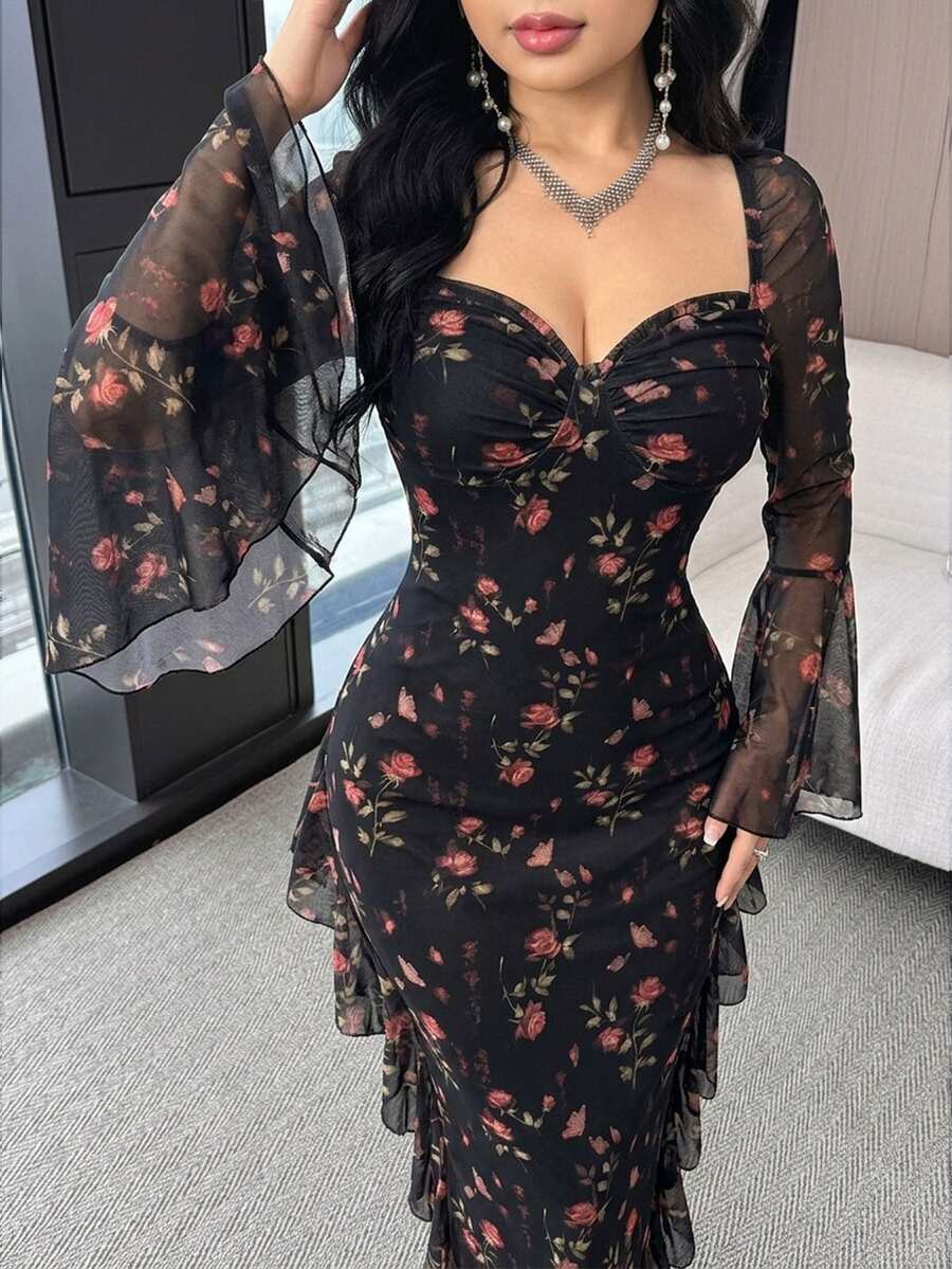Feyla Women's Elegant Floral Print Sweetheart Neck Flare Sleeve Dress, Spring - Black - View 1