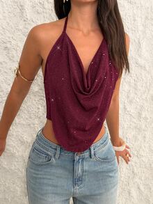 Firerie Solid Concert Draped Front Backless Party Halter Top - Burgundy - View 6