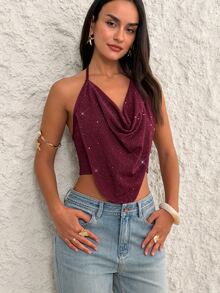 Firerie Solid Concert Draped Front Backless Party Halter Top - Burgundy - View 7