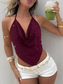 Firerie Solid Concert Draped Front Backless Party Halter Top - Burgundy - View 4