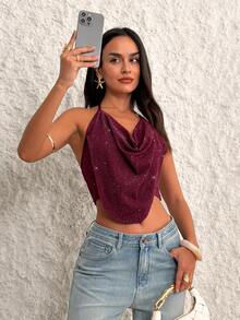 Firerie Solid Concert Draped Front Backless Party Halter Top - Burgundy - View 9