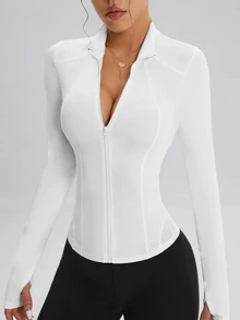 SHEIN Sports 拉链运动夹克，纯色简约休闲日常穿着 - 白色 - 查看 5