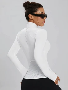 SHEIN Sports 拉链运动夹克，纯色简约休闲日常穿着 - 白色 - 查看 3