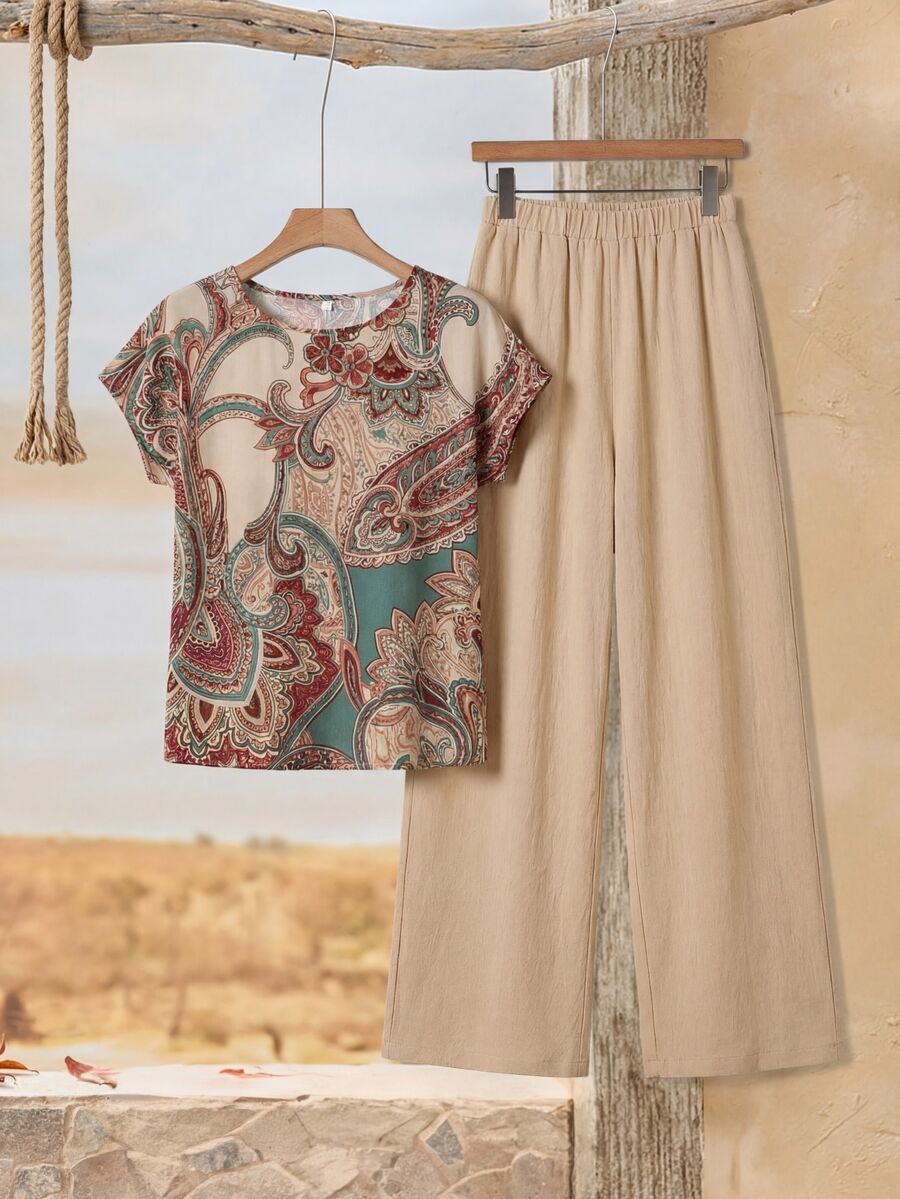 EMERY ROSE Women's Paisley Print Pattern Shirt And Solid Color Trousers Set - Multicolor - View 1