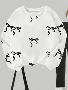 SHEIN 1 Set Girls Back To School Fashion Dotted Bow Print Crew Neck Sweatshirt And Black Leggings Outfit, Autumn Clothes School Career White Korean Cute - Multicolor - View 5