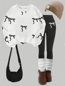 SHEIN 1 Set Girls Back To School Fashion Dotted Bow Print Crew Neck Sweatshirt And Black Leggings Outfit, Autumn Clothes School Career White Korean Cute - Multicolor - View 3