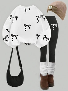 SHEIN 1 Set Girls Back To School Fashion Dotted Bow Print Crew Neck Sweatshirt And Black Leggings Outfit, Autumn Clothes School Career White Korean Cute - Multicolor - View 2