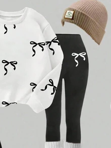 SHEIN 1 Set Girls Back To School Fashion Dotted Bow Print Crew Neck Sweatshirt And Black Leggings Outfit, Autumn Clothes School Career White Korean Cute - Multicolor - View 4
