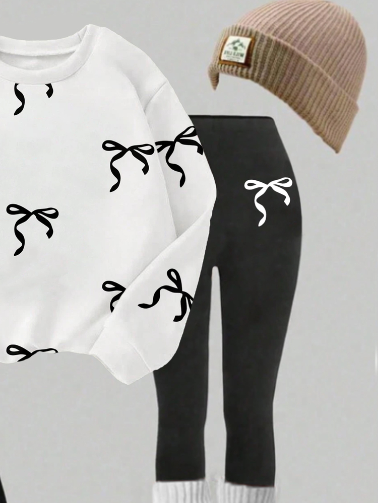 SHEIN 1 Set Girls Back To School Fashion Dotted Bow Print Crew Neck Sweatshirt And Black Leggings Outfit, Autumn Clothes School Career White Korean Cute - Multicolor - View 4