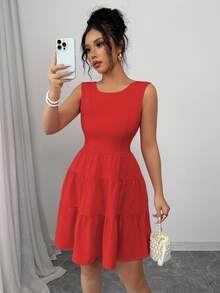 Elenzga Women's Solid Color Round Neck Sleeveless Backless Knot Elegant Dress - Red - View 5