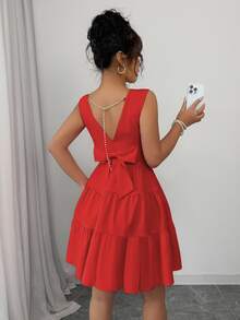 Elenzga Women's Solid Color Round Neck Sleeveless Backless Knot Elegant Dress - Red - View 4