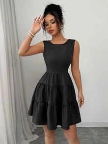 Elenzga Women's Solid Color Simple Fashionable Summer Dress - Black - View 3