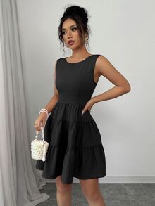 Elenzga Women's Solid Color Simple Fashionable Summer Dress - Black - View 4